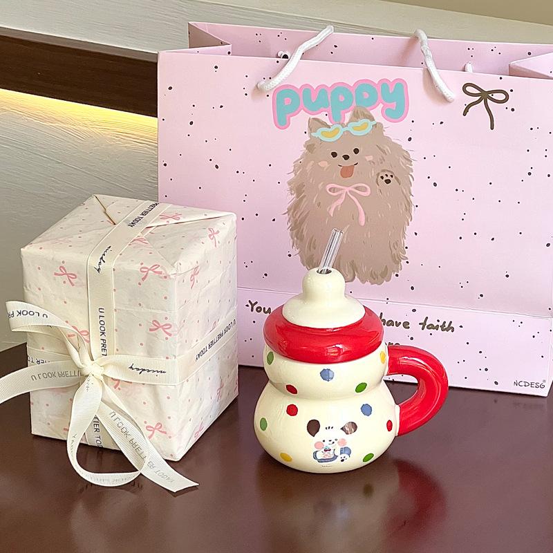 Creative straw cup cute couple ceramic mug birthday gift girl gift box