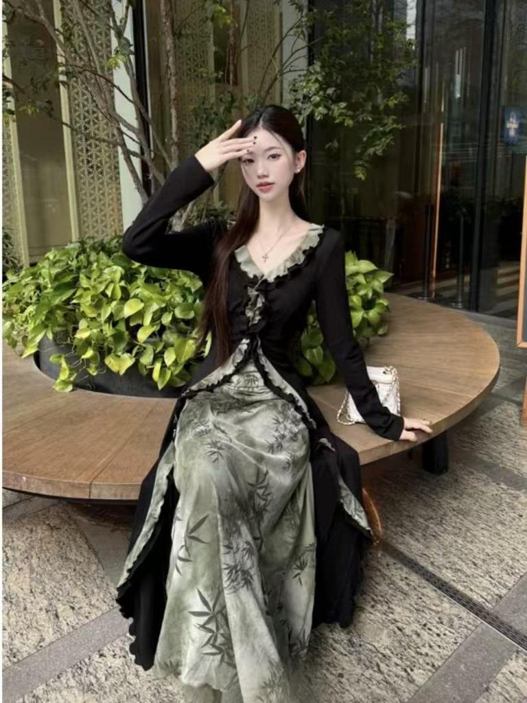 Herbstkleid in A-Linie für Übergrößen - Neuer chinesischer Stil, Zweiteiler-Look für Birnenförmige Figuren
