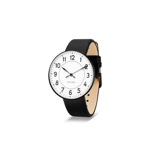 ARNE JACOBSEN STATION 53412-2001B Watch, 40mm, Scandinavian Design, Water Resistant (Quiet Design with No Second Hand), White with Black Leather Strap