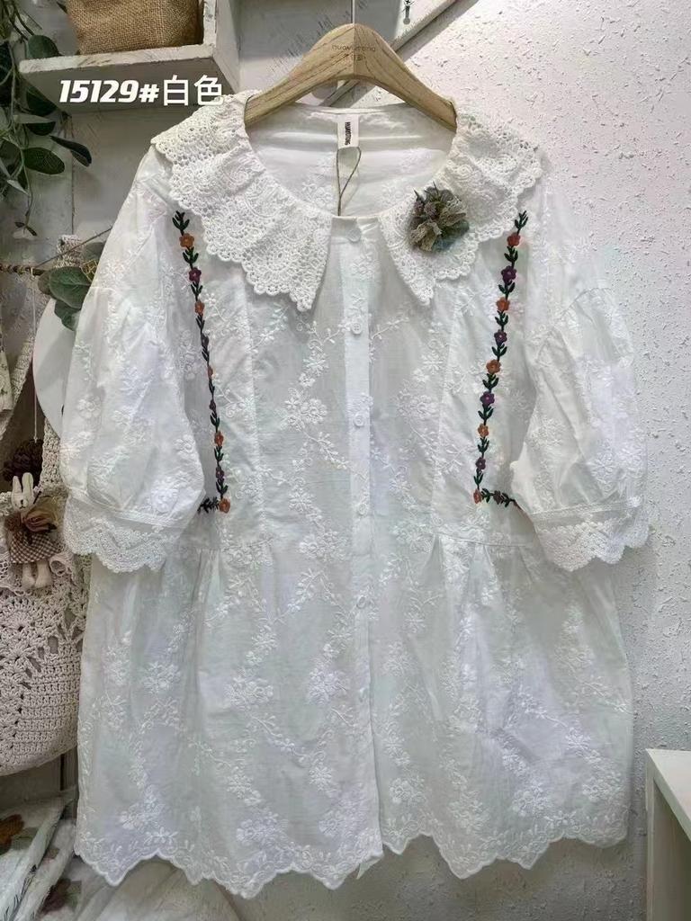 Huimei 1116 summer new women's lapel Japanese cotton and linen shirt loose shirt top ins embroidery literary style