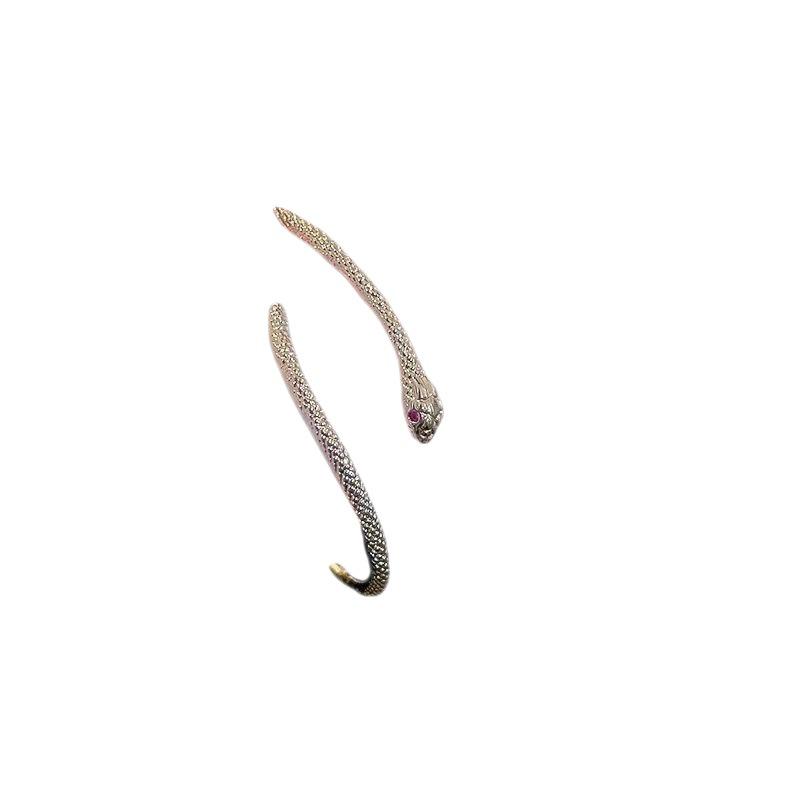 Silver Serpent Minimalist Adjustable Bangle with Red Eyes – High-Quality Textured Design