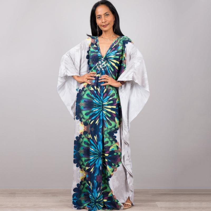 Mote for kvinner Vår Høst Fargeblokkprint Langermet V-hals Løs Midje Hverdagskjoler