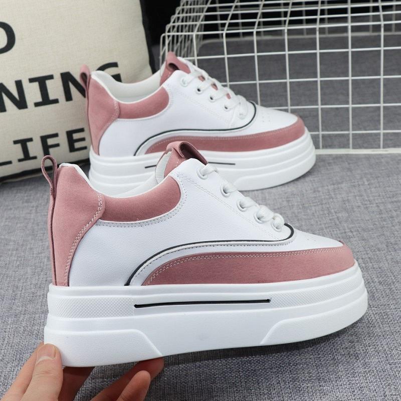 fashion Thick-soled Pink Sneakers Shoes Women's Spring Lace-up Slim Inner Heightening Shoes 2024 New Casual Sports Shoes Board Shoes