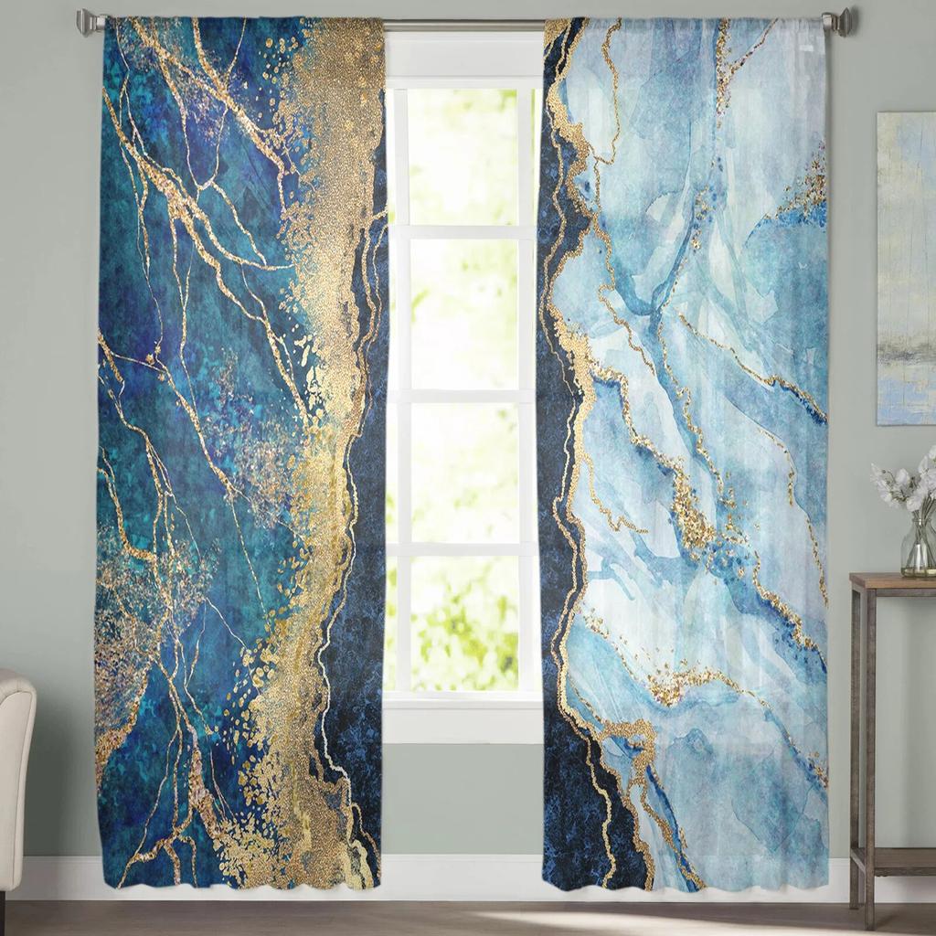 Abstraction Blue Marble Sheer Voile Window Curtains Tulle Curtains Living Room Balcony Decoration Drapes