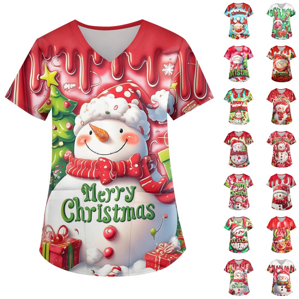 Ladies' Christmas Printed Fashionable V-neck Pocket Short Sleeved  Uniform And Caregiver Top