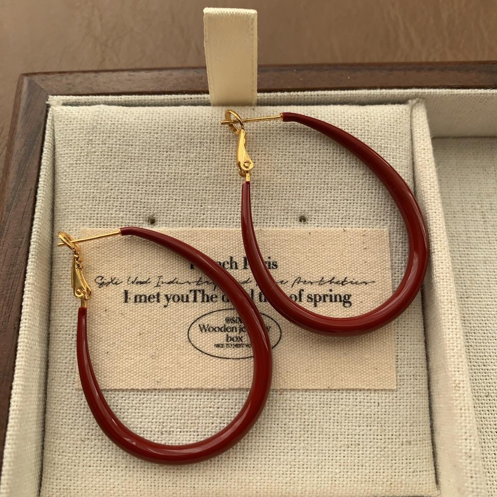 Simple Burgundy Enamel Earrings, Earrings, High-End Sense, Fashionable And Versatile, Retro Minimalist And Neat Temperament, Autumn And Winter