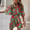 2025 Cross-border independent station Amazon explosion, autumn bat sleeve V-neck hem irregular dress women's clothing