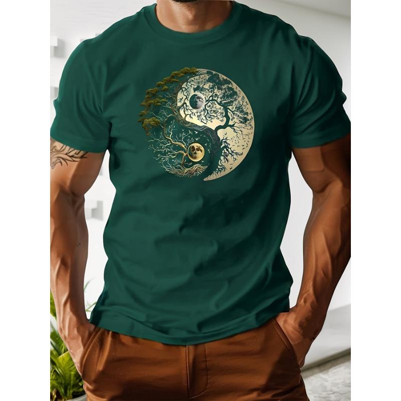 Men s summer 100% pure cotton fashionable casual loose sports yin-yang tree pattern print round neck short sleeved T-shirt top XL