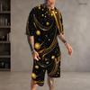 Men s Plus Size Round Neck Short Sleeve Printed Top And Drawstring Shorts With Pockets Two Piece Set Black Blue Green
