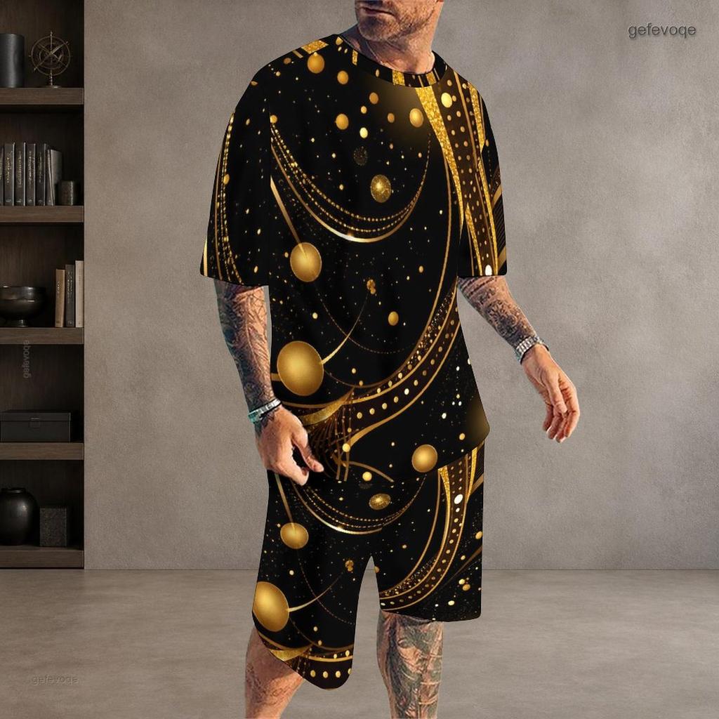 Men s Plus Size Round Neck Short Sleeve Printed Top And Drawstring Shorts With Pockets Two Piece Set Black Blue Green