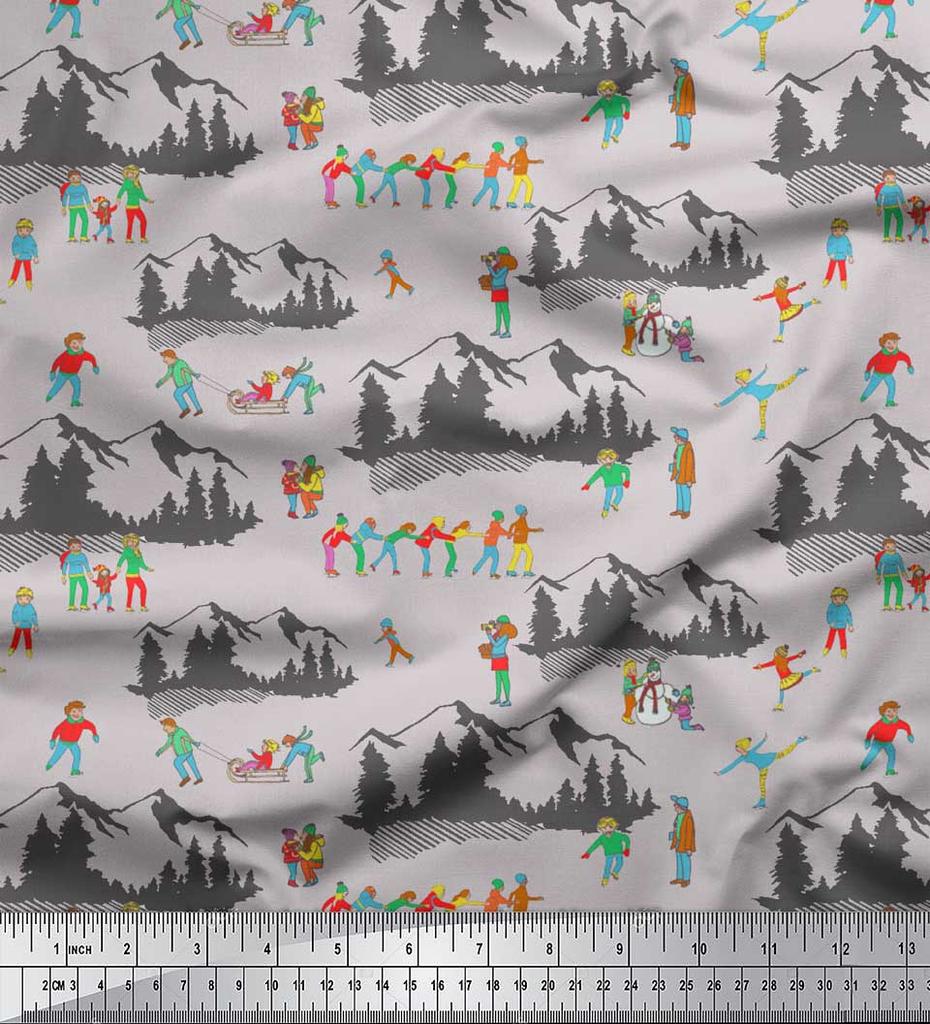 Soimoi Šedá japonská krepová saténová látka Lidé, Sáně a Hory Sváteční dekorační látka Tištěný metr 42 palců