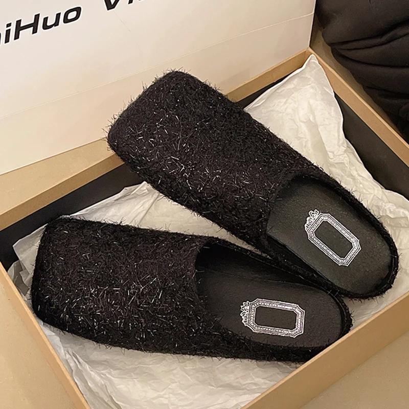 

Women Flats Slippers Designer Square Toe Mules Shoes Summer Sandals 2025 Walking Cozy Flip Flops New Sandalias De Mujer 42 чёрный