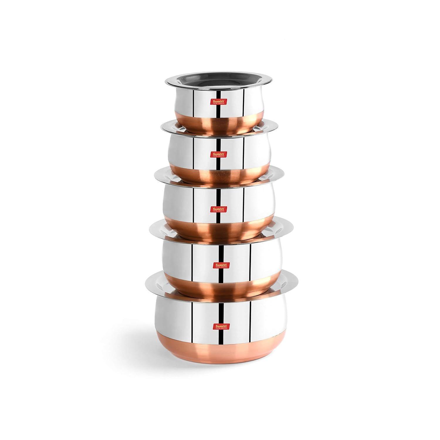 

Набор из 5 кастрюль/кухонной посуды/кастрюль из нержавеющей стали с медным дном, пузатой формы, с крышками 380 мл, 500 мл, 780 мл, 1,1 л, 1,4 л, (Серебряный)