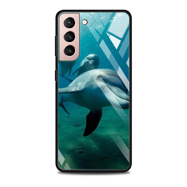 

Стеклянный чехол с милым дельфином синего морского животного для Samsung Galaxy S21 S20 Ultra S10 Plus Lite S20fe 5g S10e S9 S8, бампер, чехол For Samsung S21Ultra