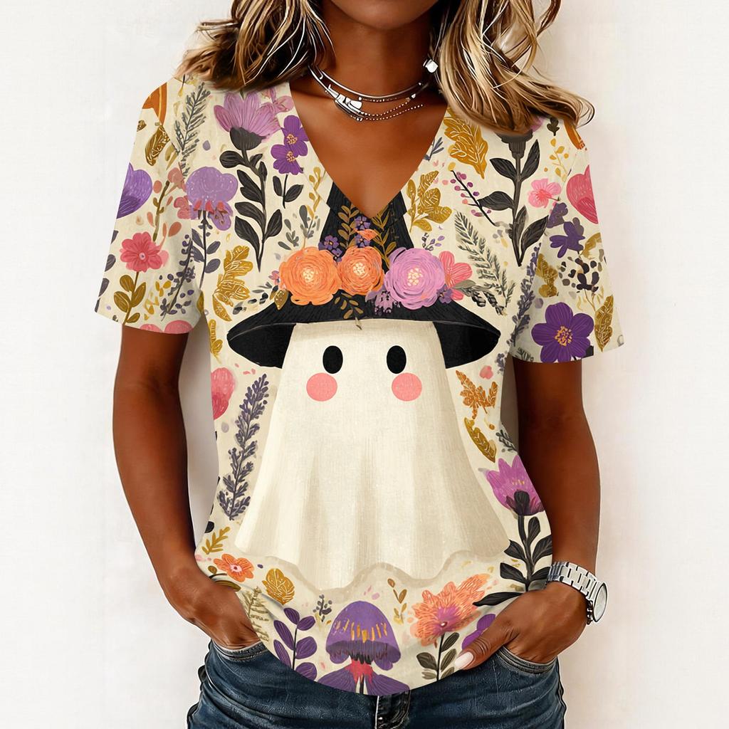 Womens Casual Halloween Print V Neck Pullover Top Short Sleeve Lightweight Shirt for Fall Seasonal Wear