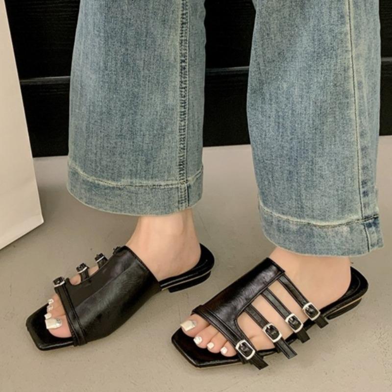 

Retro Belt Buckle Slippers Women s Outside Wear New Summer Fashion Square Head Hollow One Buckle Non-slip Open Toe Cool Mopping 35 чорний