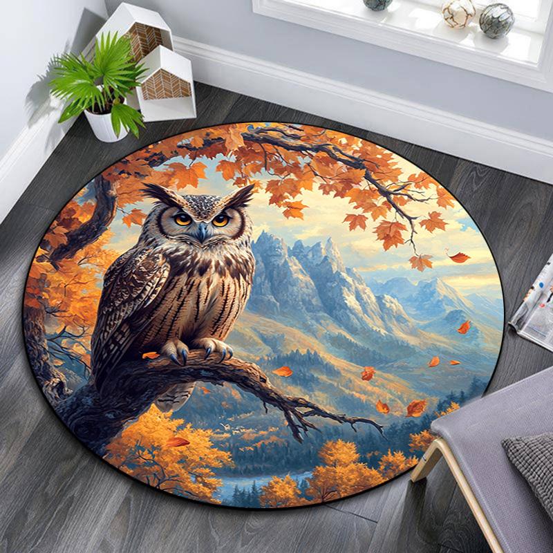 Autumn Owl Round Area Rug,Carpet Rug for Living Room Bedroom Sofa Playroom Decor,Non-slip Floor Mat