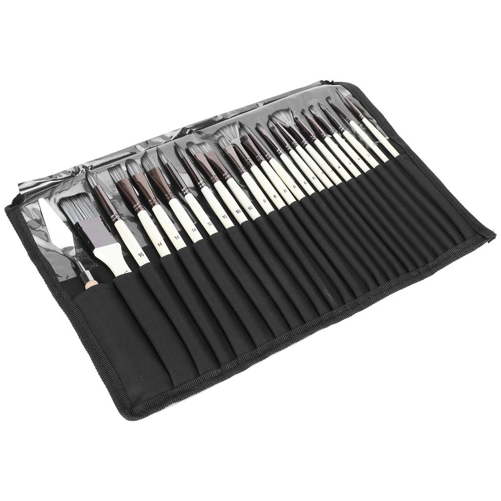 24Pcs Painting Brush Set Nylon Wool Wooden Handle with Bag for Acrylic Watercolor Paint