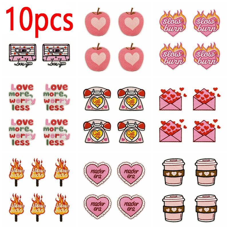 10pcs /Lots Trendy Pattern Letter Slogans Embroidery Patch Diy Pink Cartoon Couple Patch Iron On Patches Sew Stickers Badge Decor 