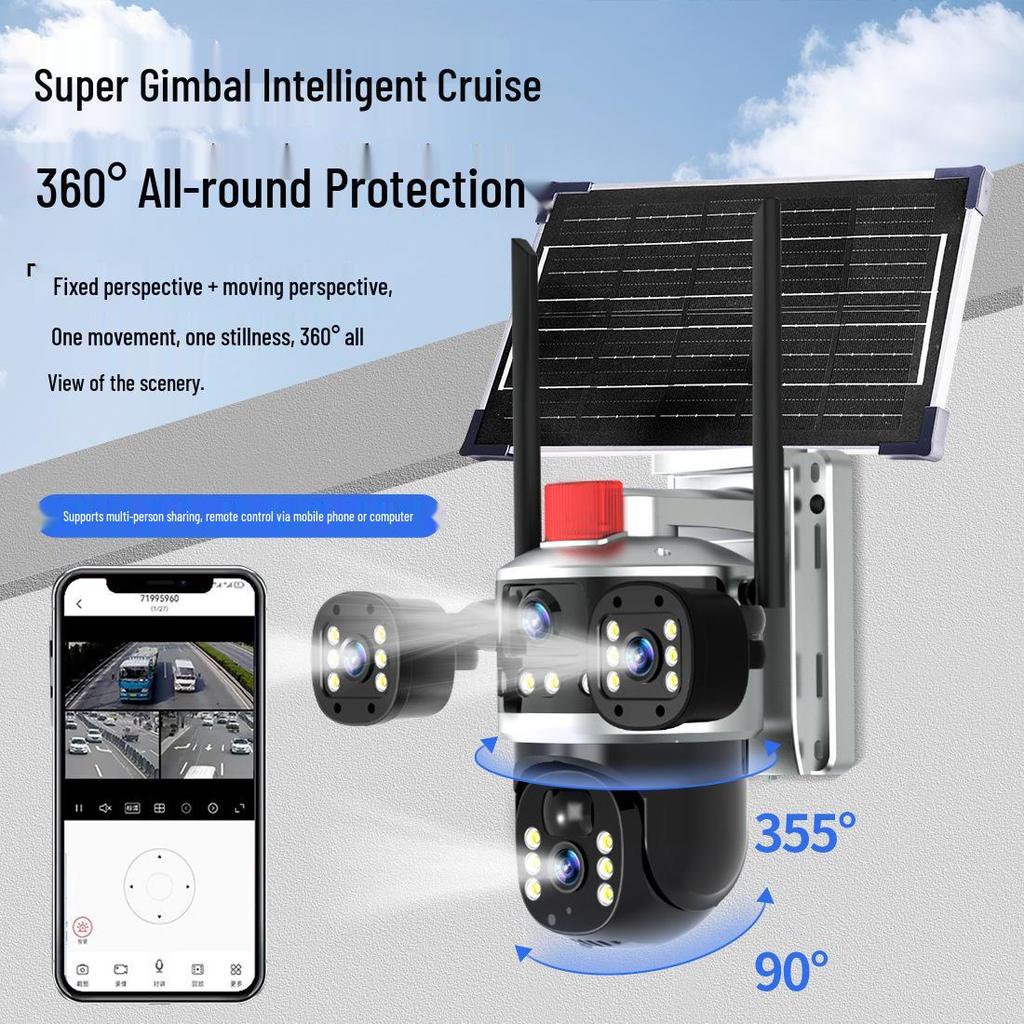 Triple-Lens Solar Surveillance Camera with Remote Two-Way Intercom and HD Mobile Phone Connectivity for Outdoor Use