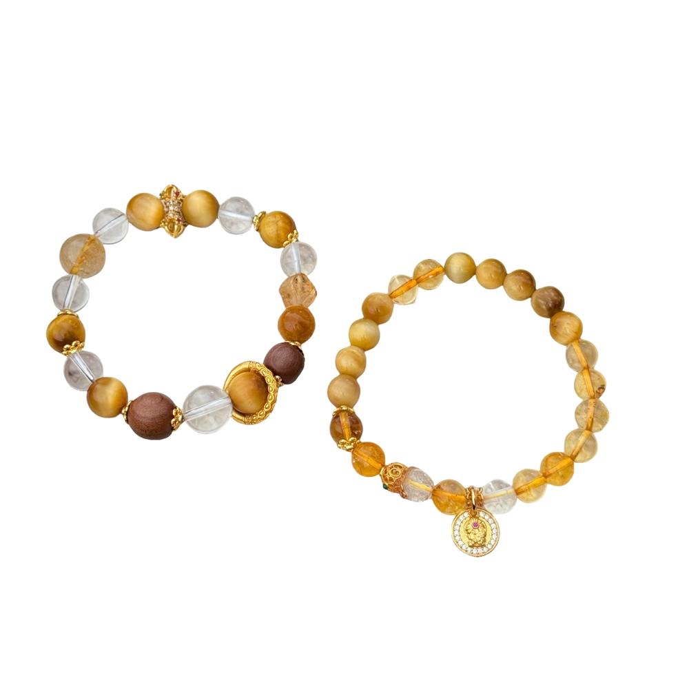 Exquisite Versatile Golden Tiger Eye & Clear Crystal Vajra Pestle Beaded Bracelet, Light Luxury High-End Hand Jewelry