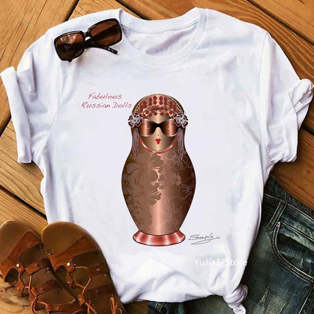 Russian Doll Cartoon Pure Cotton Printed Children's Short Sleeved New Fashion Trend Parent-child Loose Round Neck T-shirt