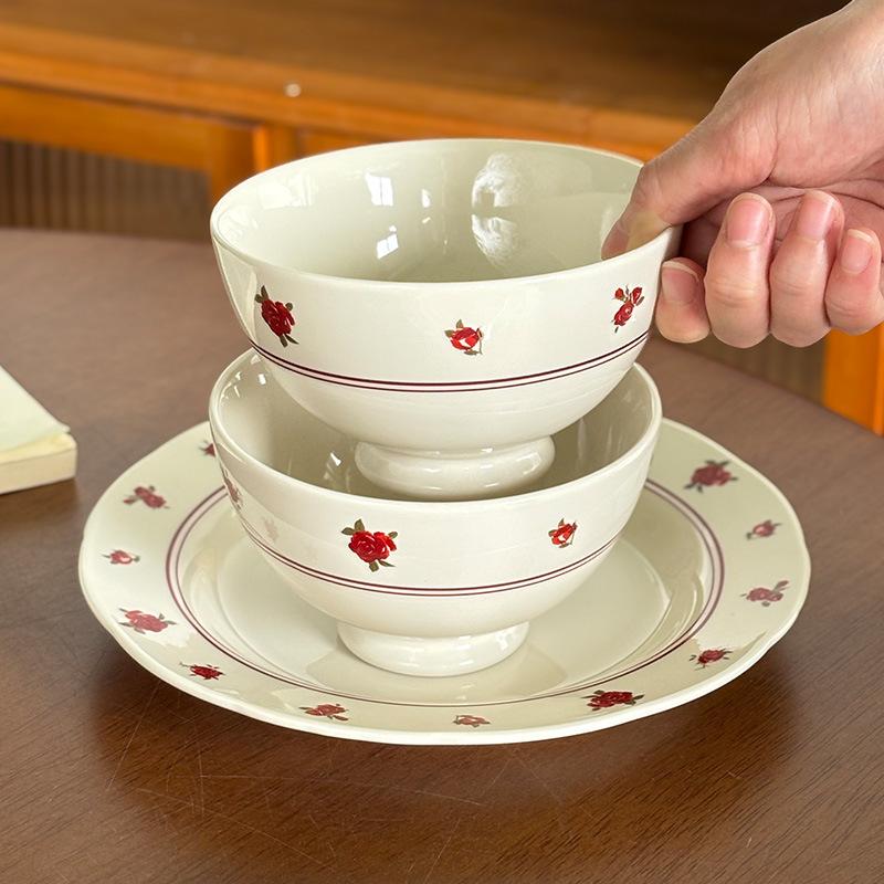 Wild Rose High Value Tableware Household Ceramic Bowl Irregular Plate Restaurant Dim Sum Bread Plate Soup Bowl Binaural Bowl