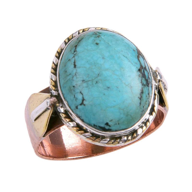 Natural Tibetan Turquoise Gemstone Two Tone 925 Sterling Silver Ring Size 9 w7Y11