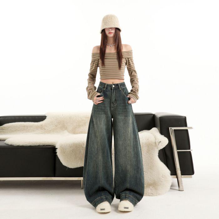 Amerikanische Retro-Jeans mit gebogenem Bein: Damen 2026 Frühling/Herbst Weit geschnittene Säbelhosen