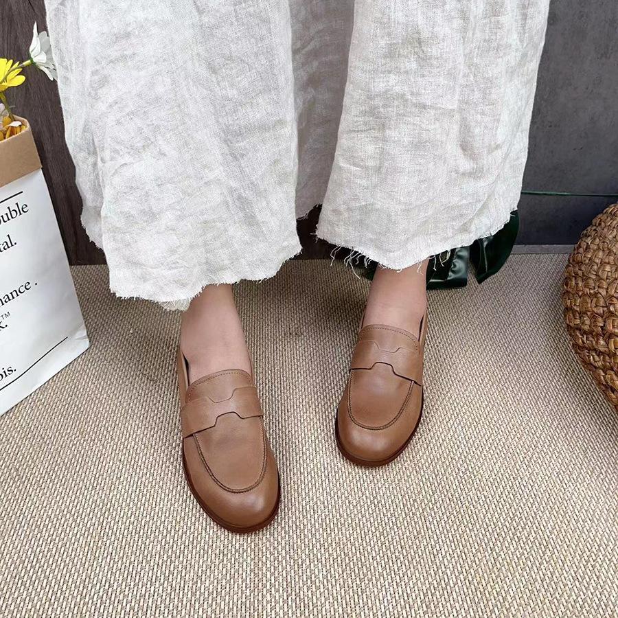 Johnature Retro Echtes Leder Niedrigen Absatz Pumps Frauen Schuhe Runde Zehe Flache Volltonfarbe Bequeme Halbschuhe