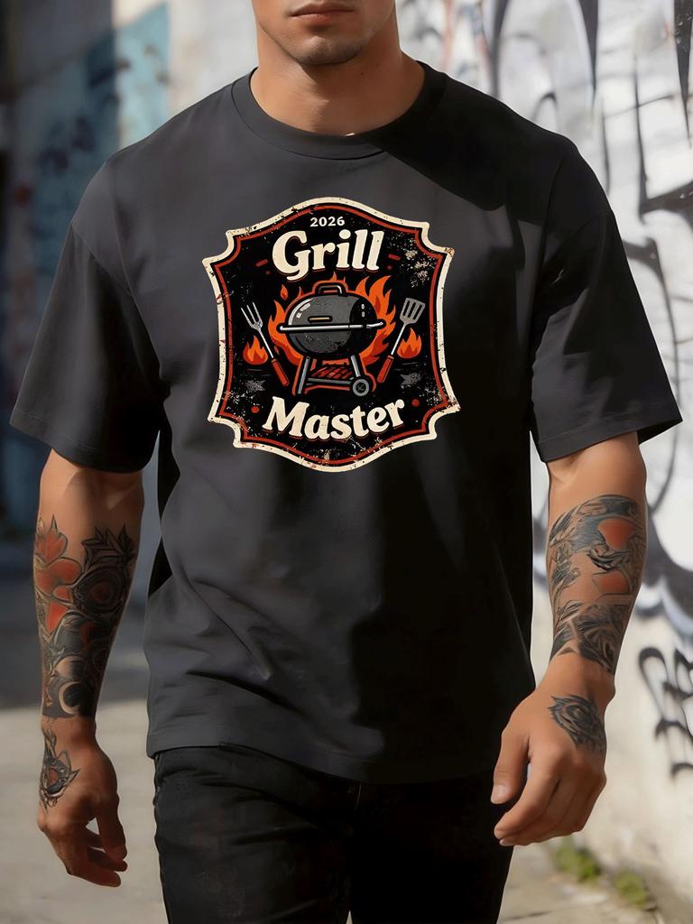 Vintage Grill Master Barbecue Badge Graphic Front Print Unisexs Crew Neck Short Sleeve Tee Casual Daily Soft Basic Wear Top