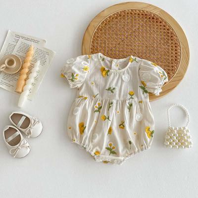 Newborn Baby Girl Sunflower Embroidery Romper with Puff Sleeves - Summer Bodysuit