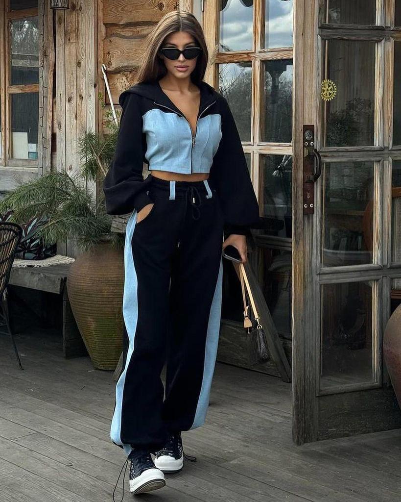 Women's European & American Style Denim Patchwork Hoodie & Sweatpants Set