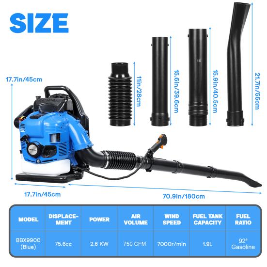 Soffiatore a Foglie, Soffiatore a Foglie a Zaino a Gas 75,6CC, Soffianeve a 4 Tempi per Cura del Prato Giardino Polvere Detriti (blu)