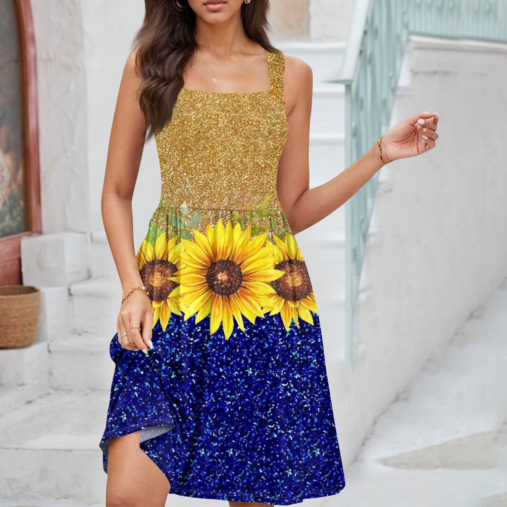 Damen Sommer Casual Square Neck Kleid mit Taschen Süßes ärmelloses A-Linien-Westen-Midikleid mit hoher Taille