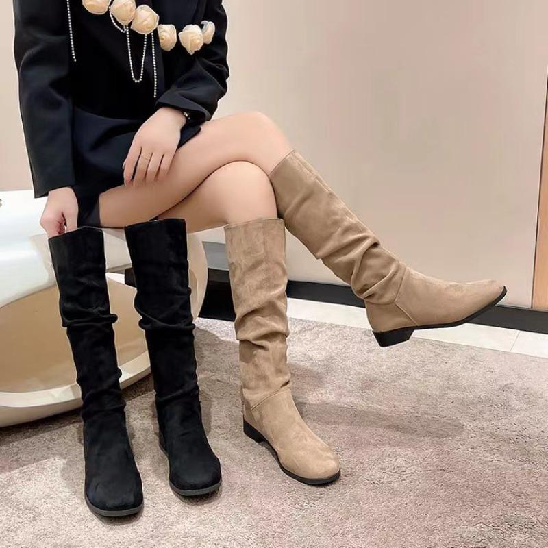 Bottes western à tige haute pour femmes, en daim à poils longs de grande taille européenne et américaine, bout rond, couleur unie, talon épais, semelle plate, bottes de mode