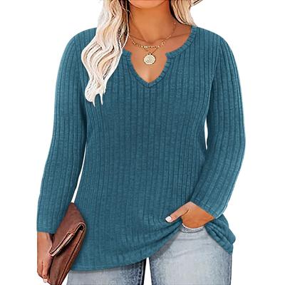 Damen Übergröße Langarmshirts V-Ausschnitt Tunika-Tops Basic Locker sitzende T-Shirts