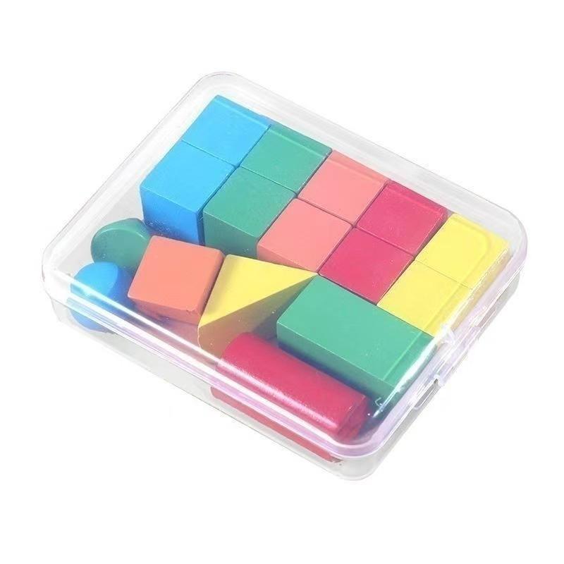 Colored Wooden 3D Geometric Shapes for Primary School Math: Cube, Cylinder, Rectangular Prism Building Blocks