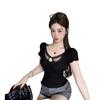Fake two pieces of pure desire black lace neck short-sleeved T-shirt women's summer slim fit inside tight Spice Girl short top