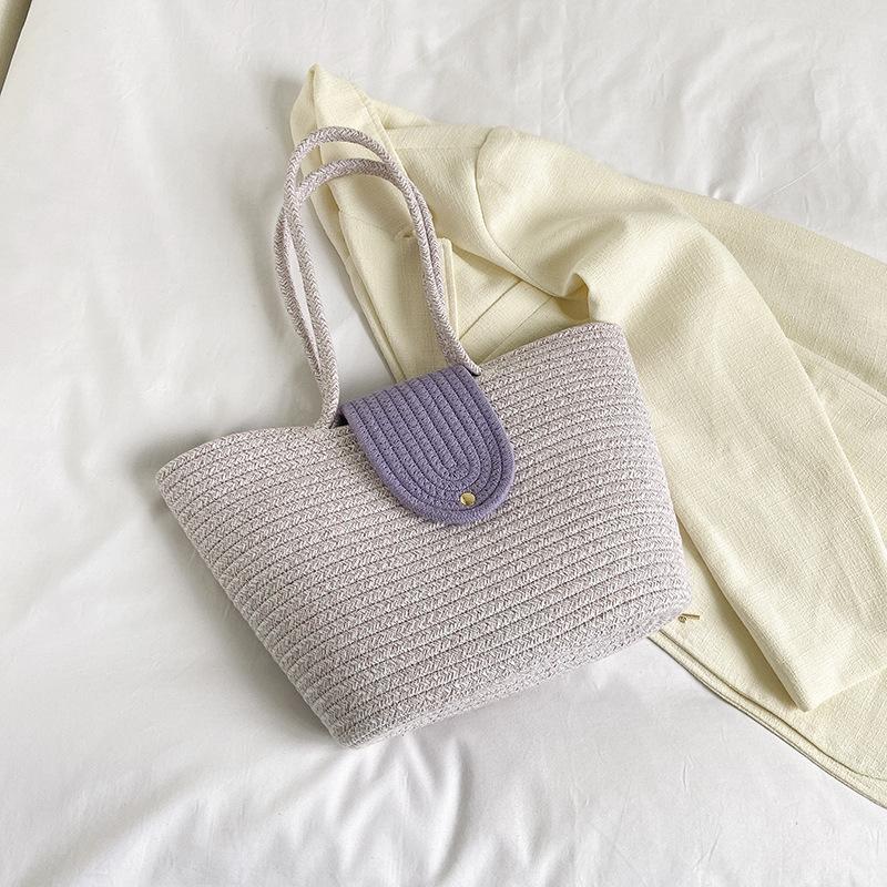 

Портативная сумка-корзина для овощей женская большой вместимости 2025 новая приморский пляжный отпуск плетение на ветру ручная переноска сумка-ведро тренд without silk scarf фиолетовый