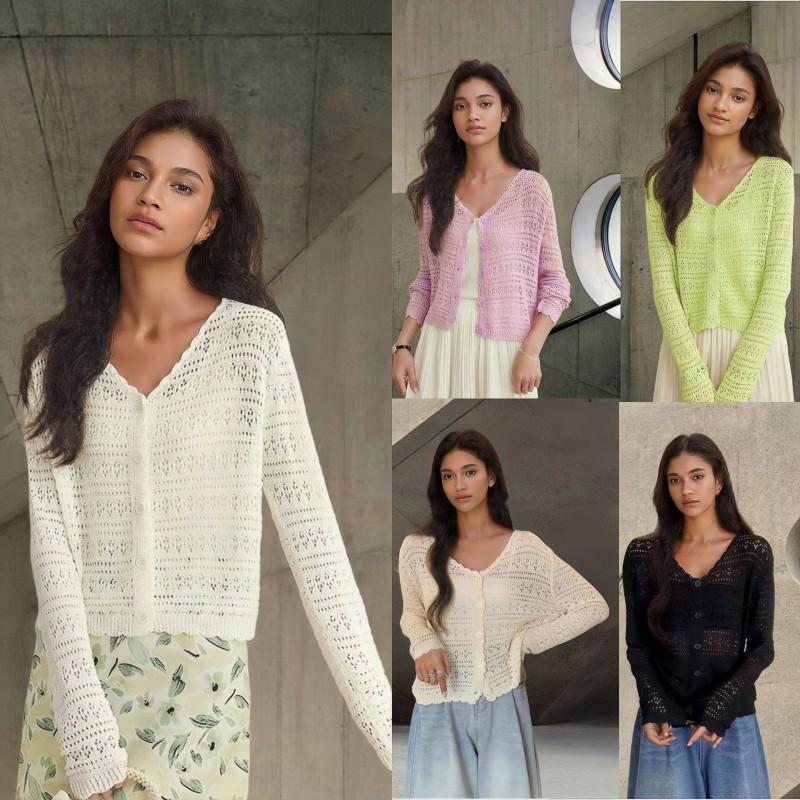 Lightweight Crochet Knit Cardigan With Buttons Sheer Mesh Cover-Up Beach Casual Wear
