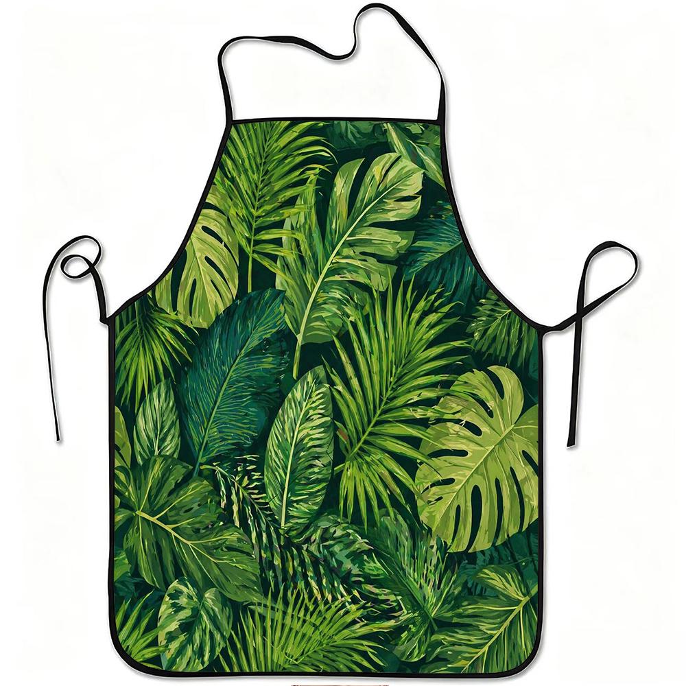 1pc Tropical Green Leaves Print Apron, Durable And Easy to Clean, Adjustable Waistband, Polyester Material, for Kitchen Cooking, Gardening, Orchard Pi
