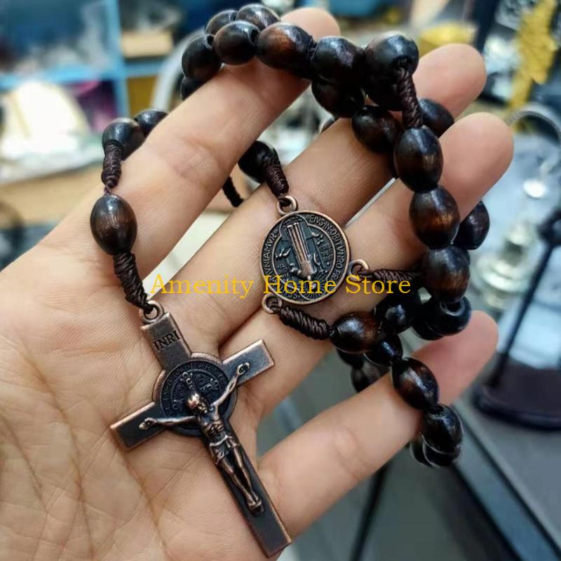 F26C Wooden Beads for Cross Pendant Necklace For Women Wood Beads Cord Rosary Necklace Holy Jerusalem Catholic Gift Handmade