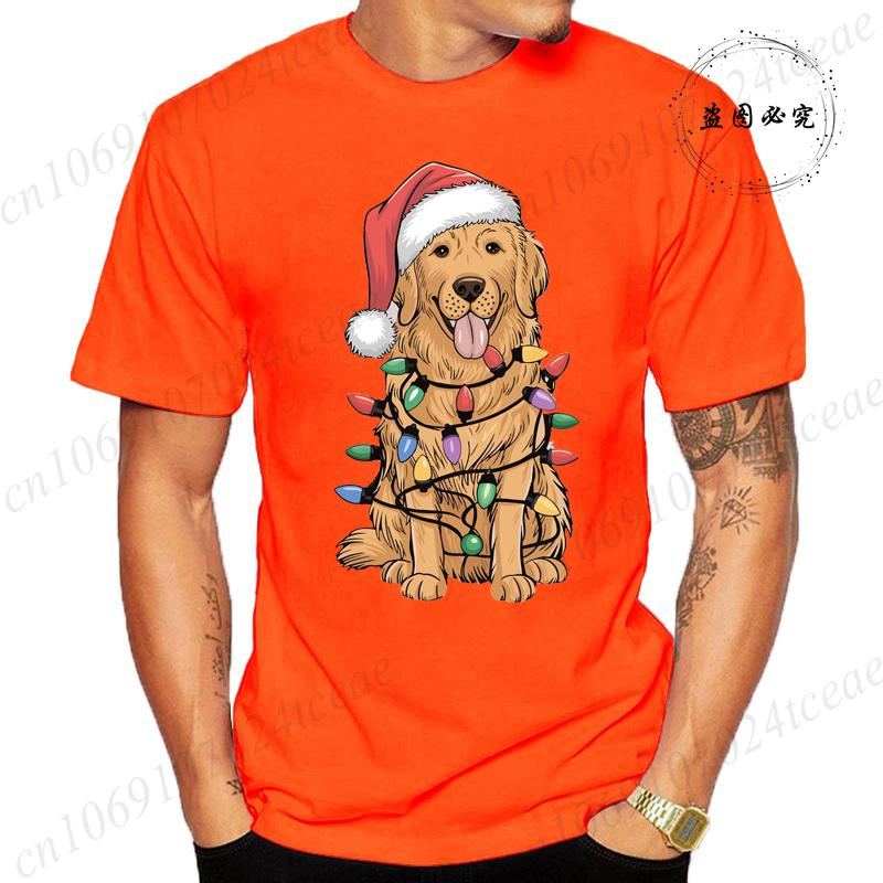 New Mens TShirts Christmas Golden Retriever Print TShirts Round Neck Short Sleeve Casual Tshirt Happy New Year Dog Shirts