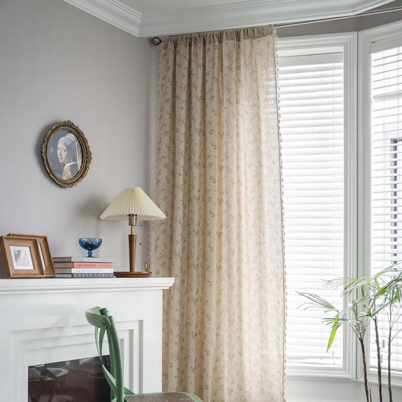 American Style Cotton Linen Printed Beige Floral Tassel Window Curtain Semi-shading Drapes Living Room Bedroom Kitchen Drapes