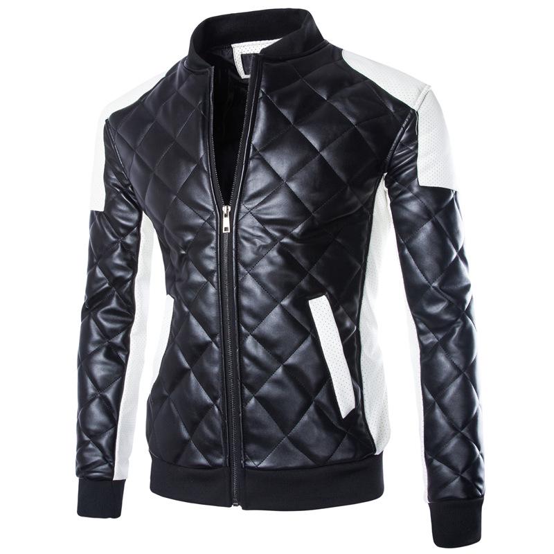 Men's Slim Fit Color Block PU Leather Jacket, 2015 Autumn/Winter Collection, Plus Size, Washed Finish, Stand Collar, British Style.