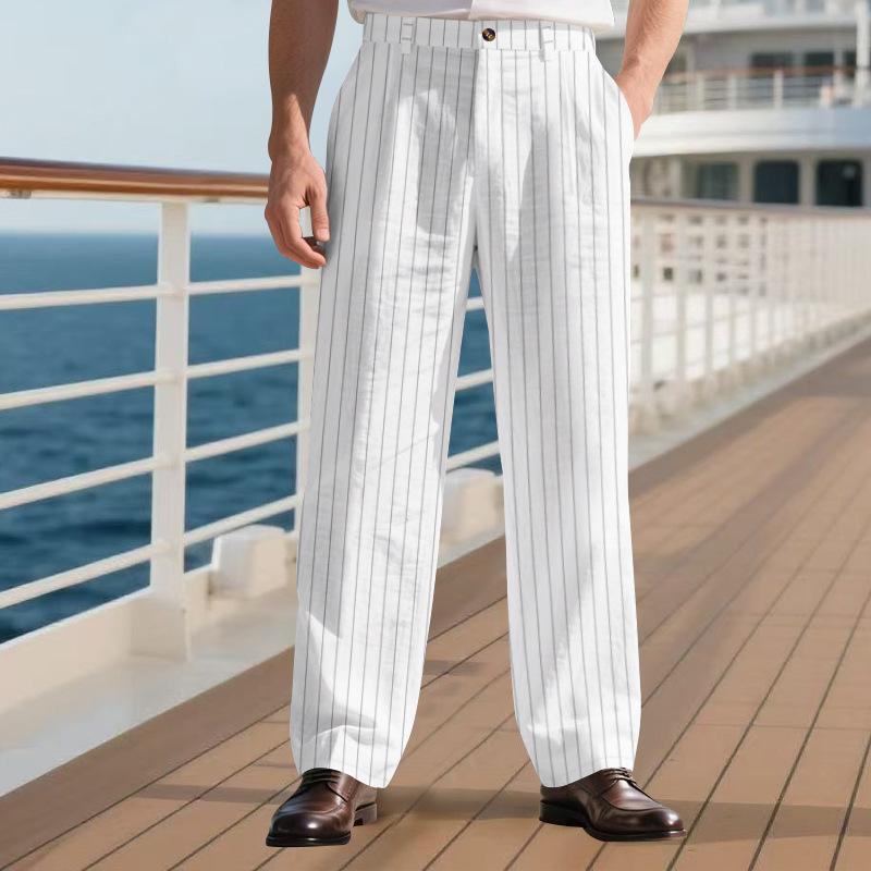Men American Casual Loose Breathable Straight Leg Linen Long Trousers S