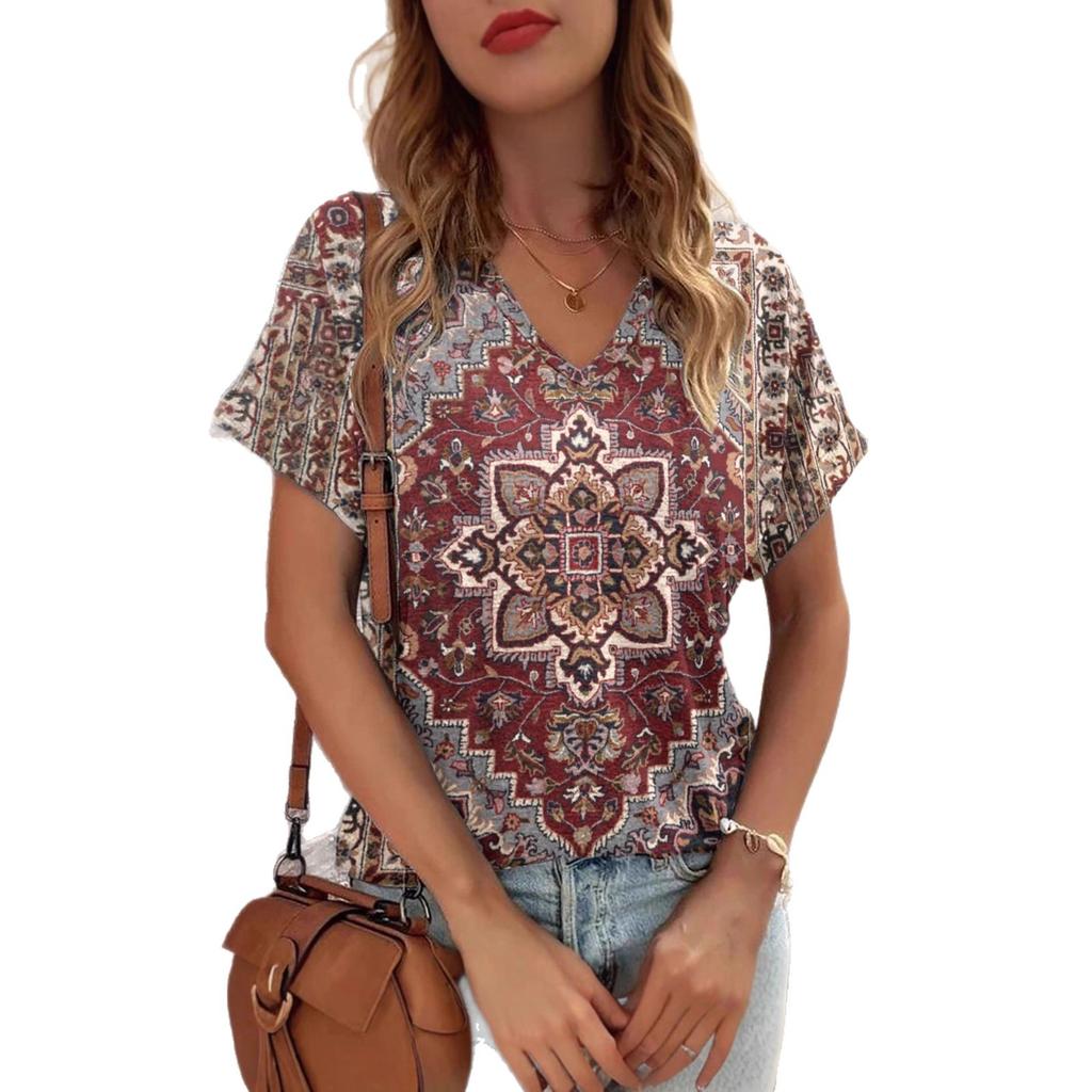 Modisches Bedrucktes Damen Kurzarm V-Ausschnitt Oberteil Vielseitige T-Shirts Damen