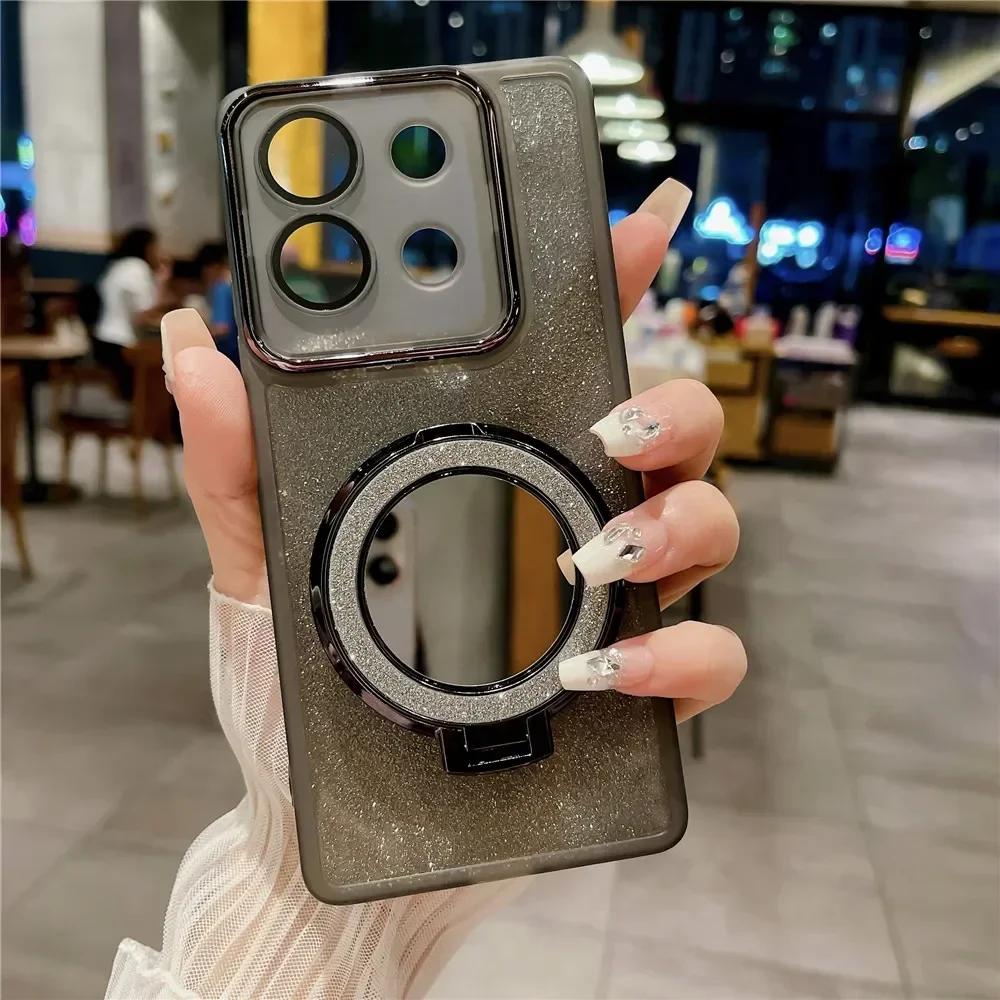 Lens Protection Film Glitter Silicone Soft Case for Oneplus 13R 1+13R Magnetic Mirrow Holder TPU Phone Bumper for One Plus ACE 5 Pro ACE5Pro 13