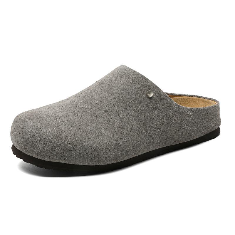 2025 nové výklenkové kožené retro pantofle Muller s kulatou špičkou na jeden pedál, líná taška na hlavu, poloviční pantofle pro muže 45370-X